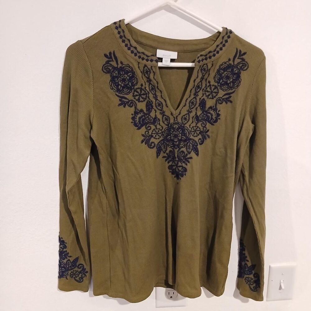 J. Jill Pure Jill Green and Navy Embroidered Shirt Women's Size Small